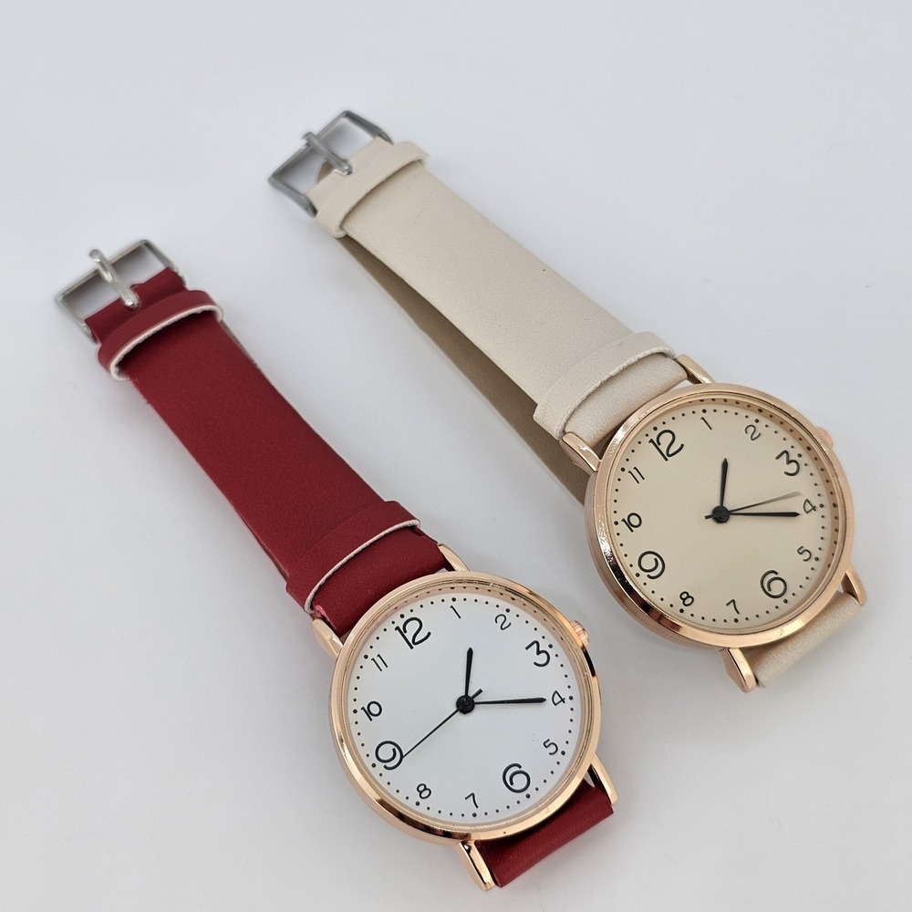 2X Women's‎ Watch 36MM White Cream Dial Red Cream Faux Leather Bands NEW Battery